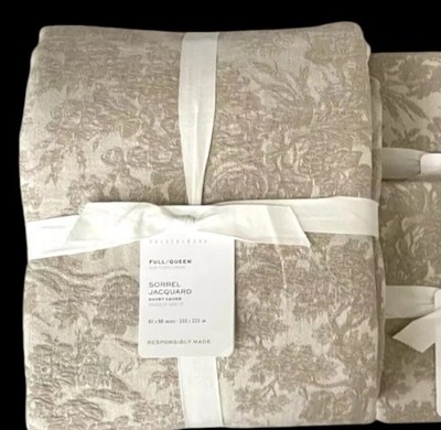 New Pottery Barn Sorrel Toile Jacquard Full / Queen Duvet &2 Euro Shams Flax-image
