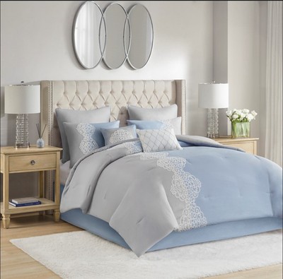 Madison Park  Vera Embrordered Blue & Gray  3 Piece Cotton Printed Duvet Cover -image