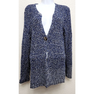 Coldwater Creek Blue Silver Dipped Hem Cardigan Sweater Large Single Button-image