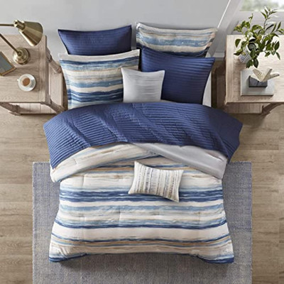 Madison Park Marina Comforter Quilt Set, Full/Queen, 8 Piece, Seersucker Blue-image
