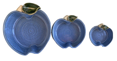 Set of 3 Apple Shaped Studio Art Pottery Blue Bowls/Dishes - Signed-image