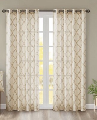 2 NEW Sereno Fretwork Print Light Filtering Curtain Panels Beige/Gold 50
