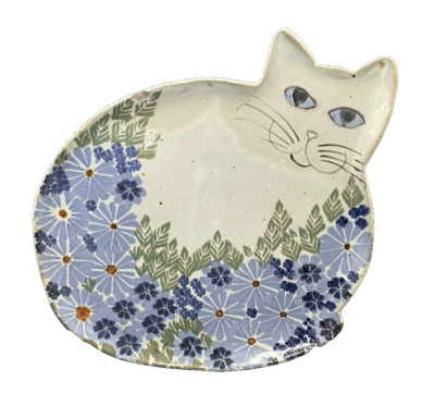 Studio Art Pottery Signed Blue Floral Cat Shaped Serving Tray Signed AR - Read-image