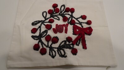 Pottery Barn Christmas Joy embroidered wreath  Pillow Cover 12  26 photo sample1-image