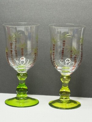 Studio Nova Wine Glasses Goblets Etched Glass Palm Tree, Tropical Beach Set of 2-image