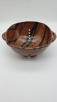 Handmade Signed Square Art Studio Pottery Berry Bowl Colander Brown Black-image