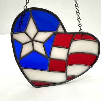 Vintage Stained Glass Suncatcher American Flag Heart Shaped USA Patriotic Decor-image