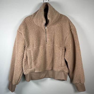 Dip Women's Sherpa Quarter Zip Pullover Jacket Tan Cozy Neutral Fuzzy Soft Large-image