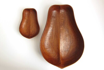 Vintage Monkey Pod Wood Large Pear Fruit Shape Chip &Dip Party Serving Bowl Set -image