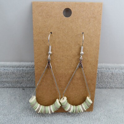 Pemby Studio Green Beige Teardrop Hoop Earrings Soft Clay Beads Silver Tone 2.5