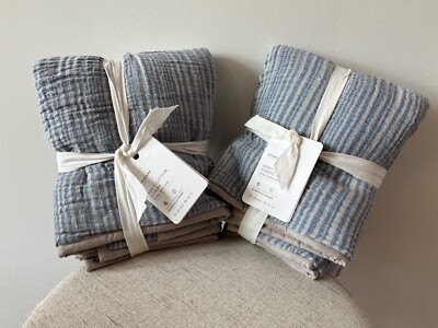 2 Pottery Barn Soft Cotton Stripe Pillow Shams Standard Blue Gray #G375-image