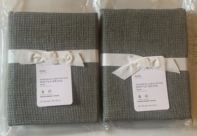 2 Pottery Barn European Linen Cotton WAFFLE WEAVE KING LODEN Shams 20X36 New-image