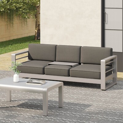 Crested Bay Outdoor Modern Convertible Aluminum Khaki Sofa with Tray Insert-image