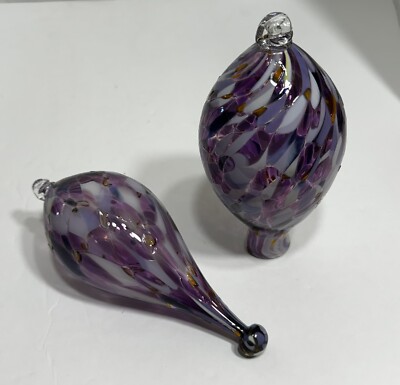 2 Teardrop  Ornaments  Studio Art Blown Glass Purple, White & Gold 6” Each-image
