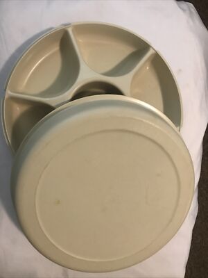 Vtg Tupperware Serving Center Set w/ Lid 1665 & 1666 Veggies & Dip Tray~ Almond -image
