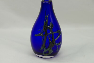 Studio Hand Blown Flask Shaped Bottle Cobalt Green Design Signed William 2001-image