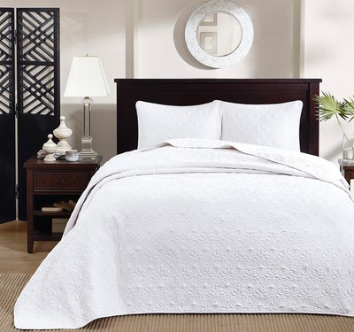 WHITE XXL 3pc Queen BEDSPREAD SET : COTTON FILL MATELASSE QUILT COVERLET-image