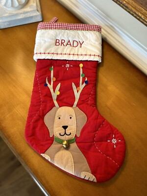 Pottery Barn Kids Red Quilted Dog Reindeer Stocking Mono “Brady” NWOT-image