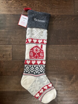 New POTTERY BARN Kids Fair Isle Knit Gray Christmas House STOCKING Mono Mackenzi-image