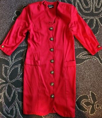 Studio 1 Women VTG Red Gold Button Down Scalloped Edge Sweetheart Neckline Dress-image