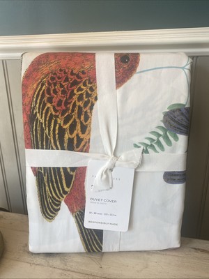 Pottery Barn Fauna Bird Percale Duvet Cover Full/Queen White Multicolor NWT-image