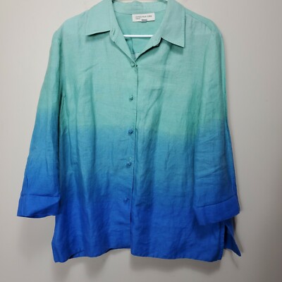 Jones New York Womens 100% Linen Ombre Dip Dye Button Up Blue Green Top XL -image