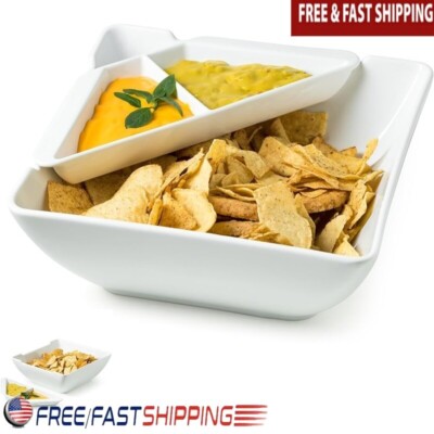 Large Porcelain Serving Bowl W/ Built-In Dipping Tray For Entertaining Snacks US-image
