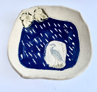 Studio Art Pottery Stoneware Trinket Dish Egret and Leaves Blues Signed 6.5
