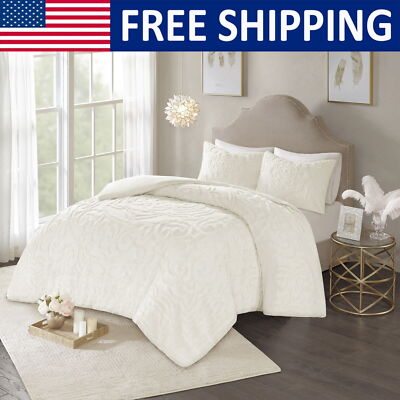 3 Piece Cotton Duvet Cover Bedding Set Full/Queen 100% Cotton Sham Closure Ivory-image