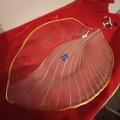 Vtg Studio Nova Leaf Dish Frosted Glass Gold Edge Frosted 14.5