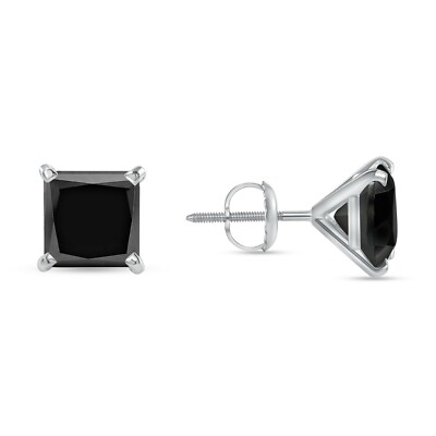 2.5 Ct Princess Cut Black Earrings Studs Real 14K White Gold Screw Back Martini-image
