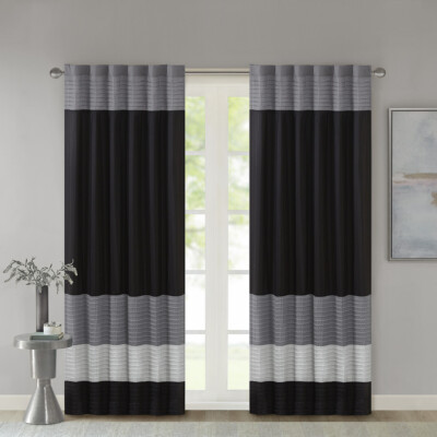 Madison Park Polyoni Stripe Faux Silk Pintuck Curtain Panel 50x84  Living Room-image