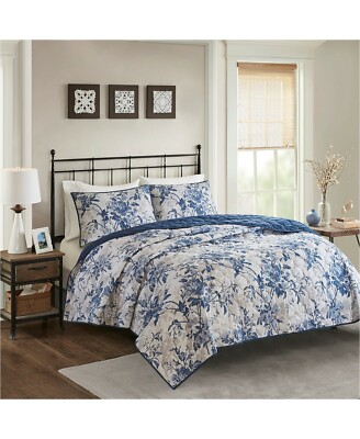 Madison Park Abigail 3-Pc. Cotton Floral Reversible Coverlet Set FULL QUEEN Navy-image
