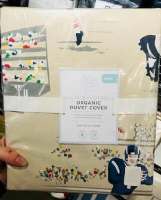 Pottery Barn Vintage Football Duvet Cover Neutral Twin Players No Sham Kids 🦩-image