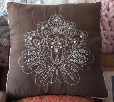 Madison Park Embroidery Flower Faux Pearl Pillow 16x16 Brown Pillow Great Cond-image