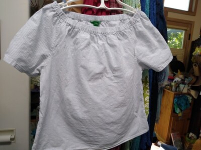 Dip off shoulder short sleeve blue and white striped  100% cotton blouse. Size L-image