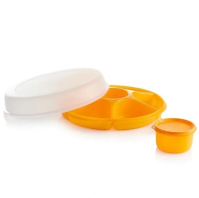 New Tupperware Lg Sheer Orange Serving Center Divided Veggie Party Tray Dip Bowl-image