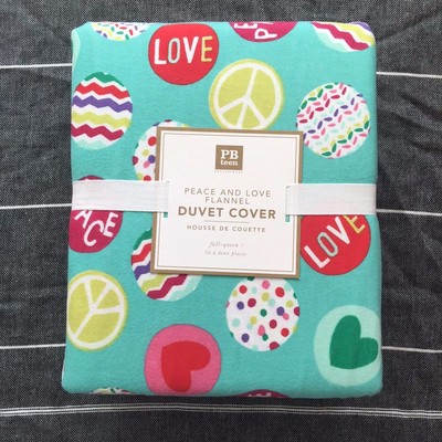 POTTERY BARN Teen Peace and Love Flannel queen Duvet Cover only Green Pink Red -image