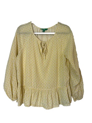 the dip Yellow White Tie Front Peasant Boho Cottage Core Top Balloon Sleeves Lg-image