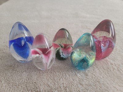 Set of 5! Awesome Glass Eye Studio Art Glass Egg Shaped Floral Paperweights-image