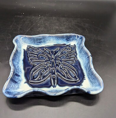Vintage Michael Bay Studio Art Pottery Square Blue Butterfly Trinket Dish 7.5