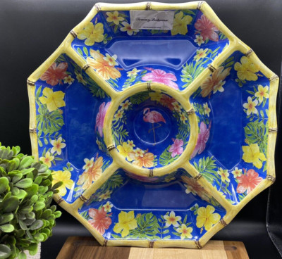 TOMMY BAHAMA MELAMINE Tropical Hibiscus Flamingo Large Chip and Dip Bowl NEW-image