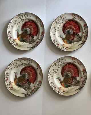Pottery Barn BOTANICAL HARVEST TURKEY Stoneware SALAD  PLATES Set of 4 New-image