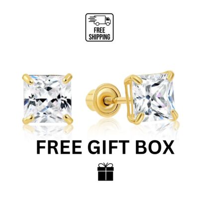 14k Yellow Gold Square Princess Cut CZ Stud Earrings with screw back-image