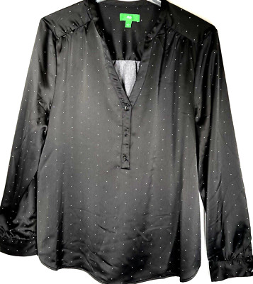 Dip Womens Size L Black Blouse Top Polka Dot V-Neck Long Sleeve Pull Over Used-image