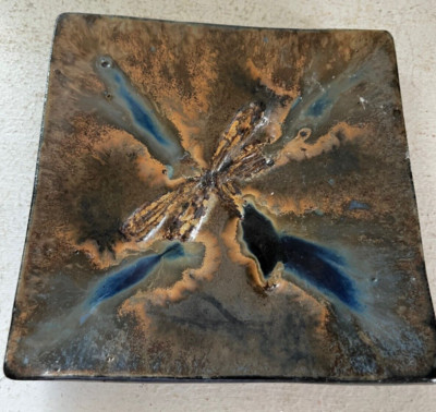 Studio Art pottery  Centerpiece  Texture Dragonfly Earth Tone Blue Spoon Rest-image
