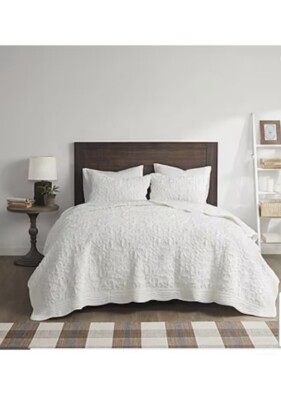 Madison Park Aster 3 Piece Embroidered Faux Fur Coverlet Set ivory bedding-image