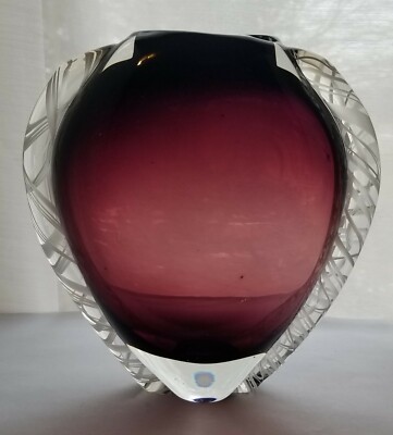 Murano Amythyst Purple Vase Heart Shaped White Cane Ribbons Heavy-image