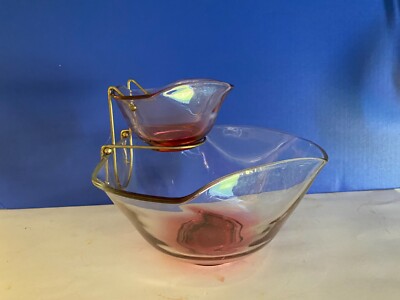 Vintage Mid Century Anchor Hocking Cranberry Flashed Chip and Dip Bowl Set-image