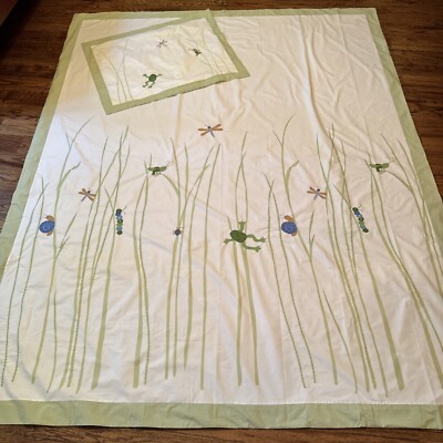 Pottery Barn Kids Spring Meadow Twin Duvet & Sham Appliquéd Insects Frogs Grass-image